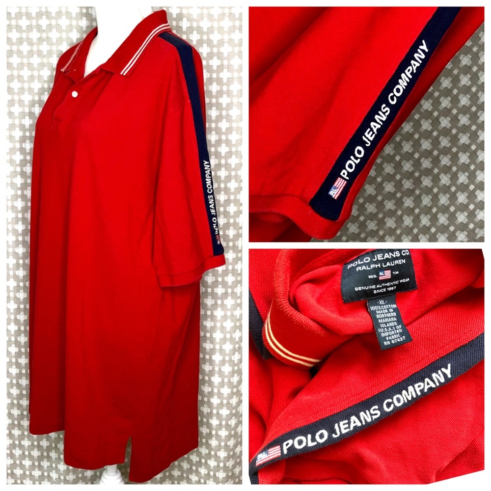 RALPH LAUREN POLO Shirt Short Sleeve Polo Vintage Retro Red Blue Logo XL